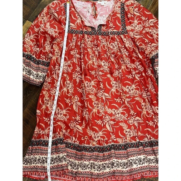 Beach Lunch Lounge Midi Dress SZ L Red FLORAL BOHO  Cottagecore Boho Rayon - Picture 6 of 6